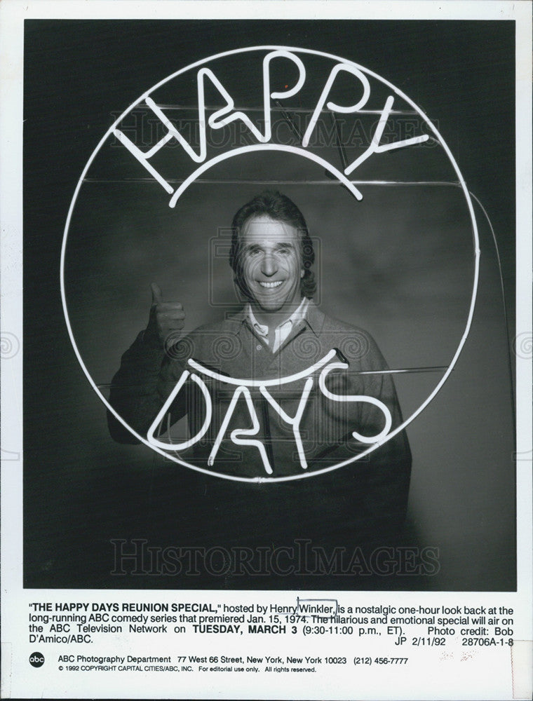 1992 Press Photo Actor Henry Winkler Hosts The Happy Days Reunion Special On ABC - Historic Images