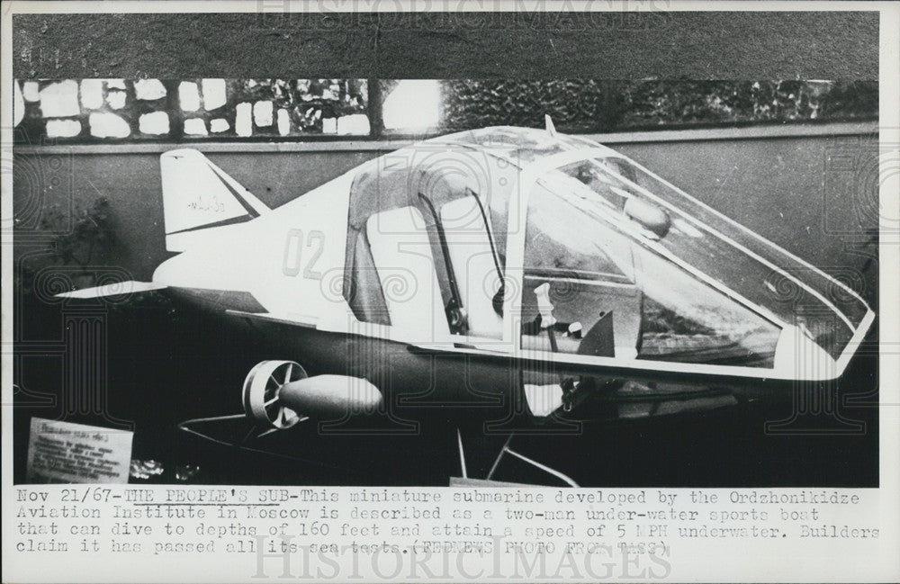 1967 Press Photo Mini submarine designed by Ordzhonikidze Aviation in Moscow, Ru - Historic Images