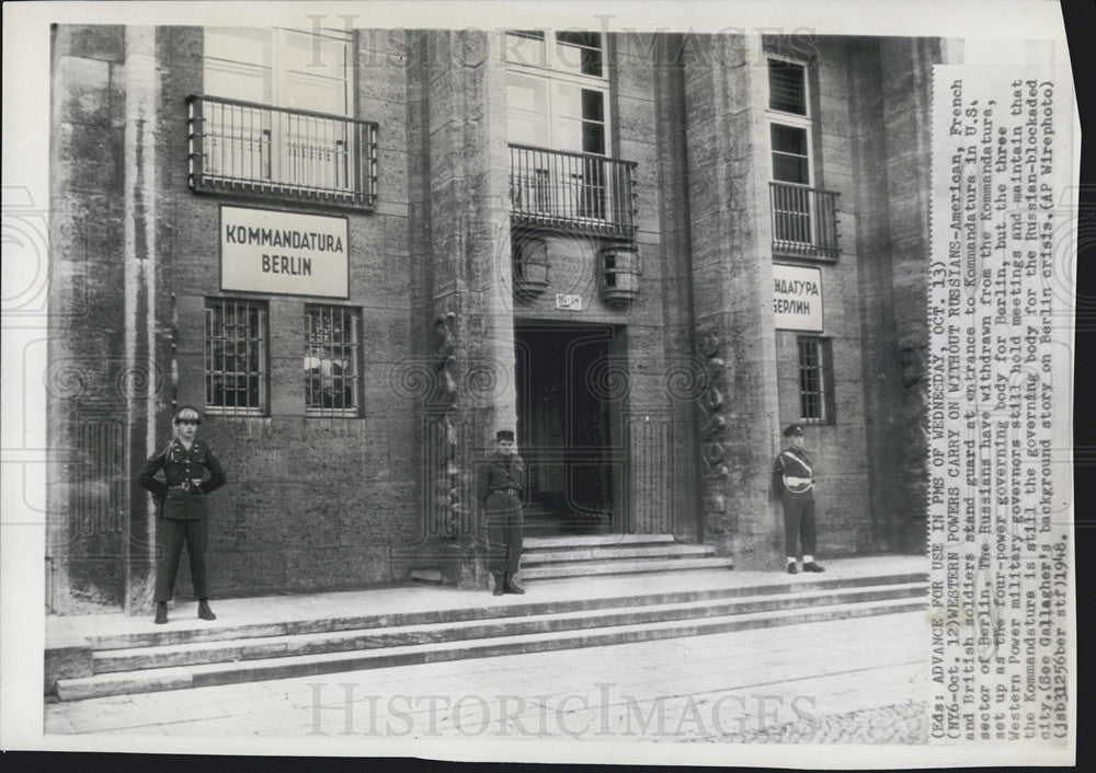 1948 Press Photo American French British Soldiers Stand Guard Entrance Berlin - Historic Images