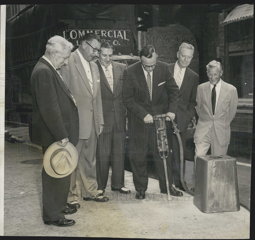 1954 Press Photo Lighting Comm drilling holes for first lights along Wabash - Historic Images