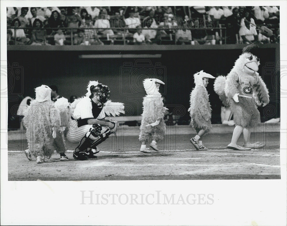 1989 Press Photo Famous San Diego chicken in Al Lang Stadium Field - Historic Images