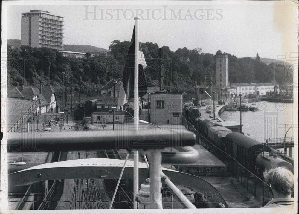 Press Photo Photo of East Germany , Trains Station on the side of the shores. - Historic Images