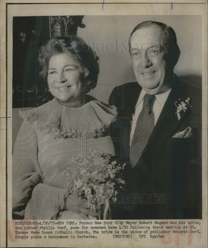 1975 Press Photo NYC Mayor Robert Wagner And Phyllis Cerf After Their Wedding - Historic Images