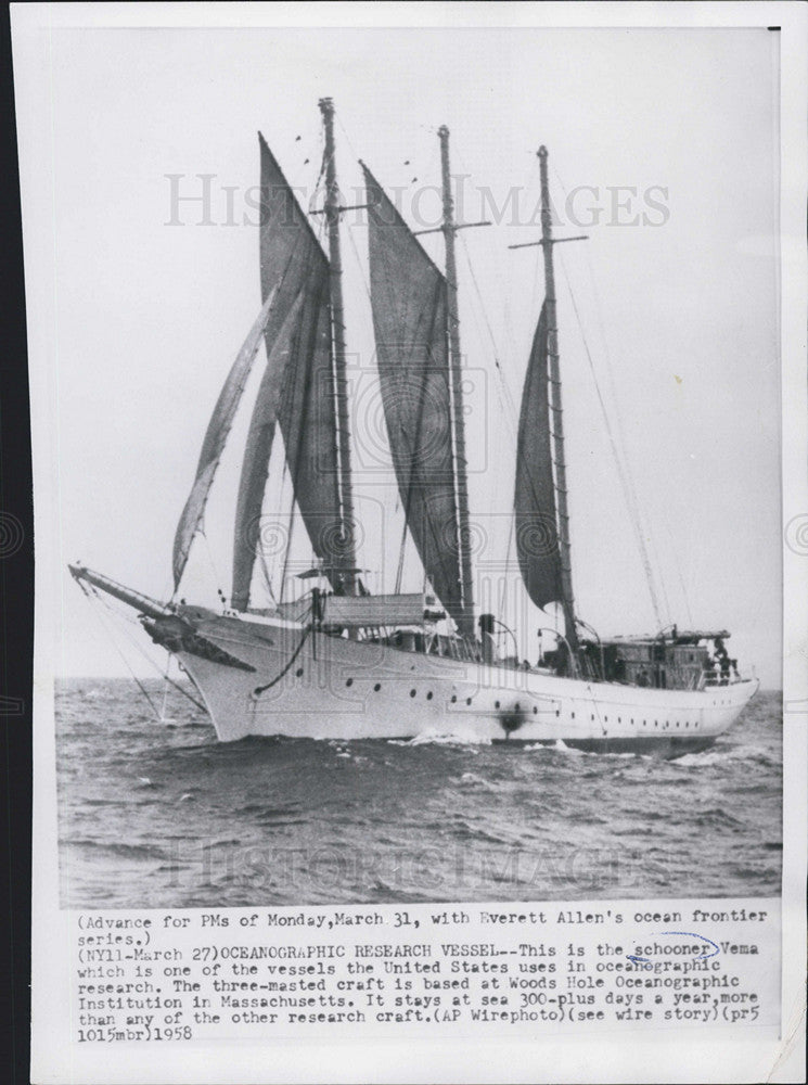 1958 Press Photo The schooner Vema which is used by the U.S. for oceanographic r - Historic Images