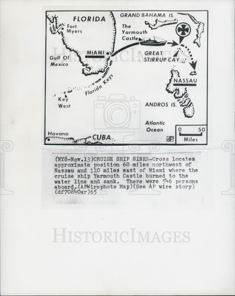 1965 Press Photo Cruise ship Yarmouth Castle sinks between Miami and Bahamas - Historic Images