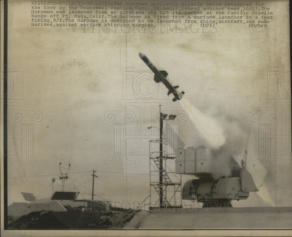 1972 Press Photo Harpoon Anti-Ship Missile Test St Louis Pacific Missile Range - Historic Images