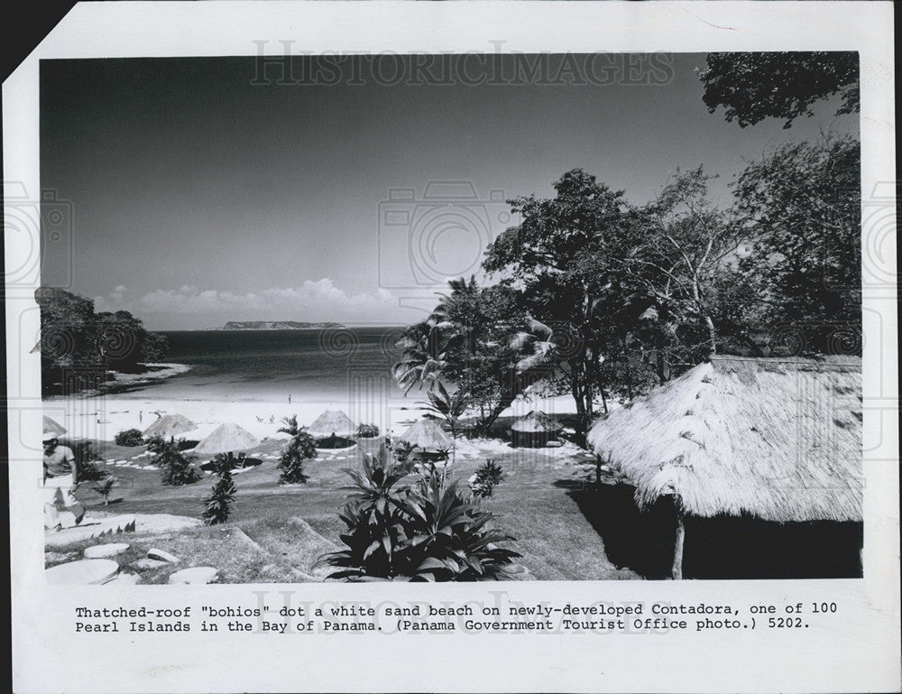 1973 Press Photo Thatched Roof and Beach in the Bay of Panama - Historic Images