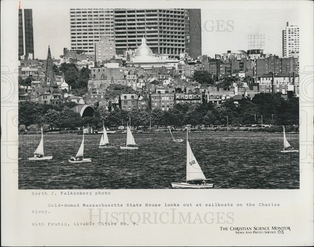 1975 Press Photo A Gold-Domed Massachusetts State House Looks Out At Sailboats - Historic Images