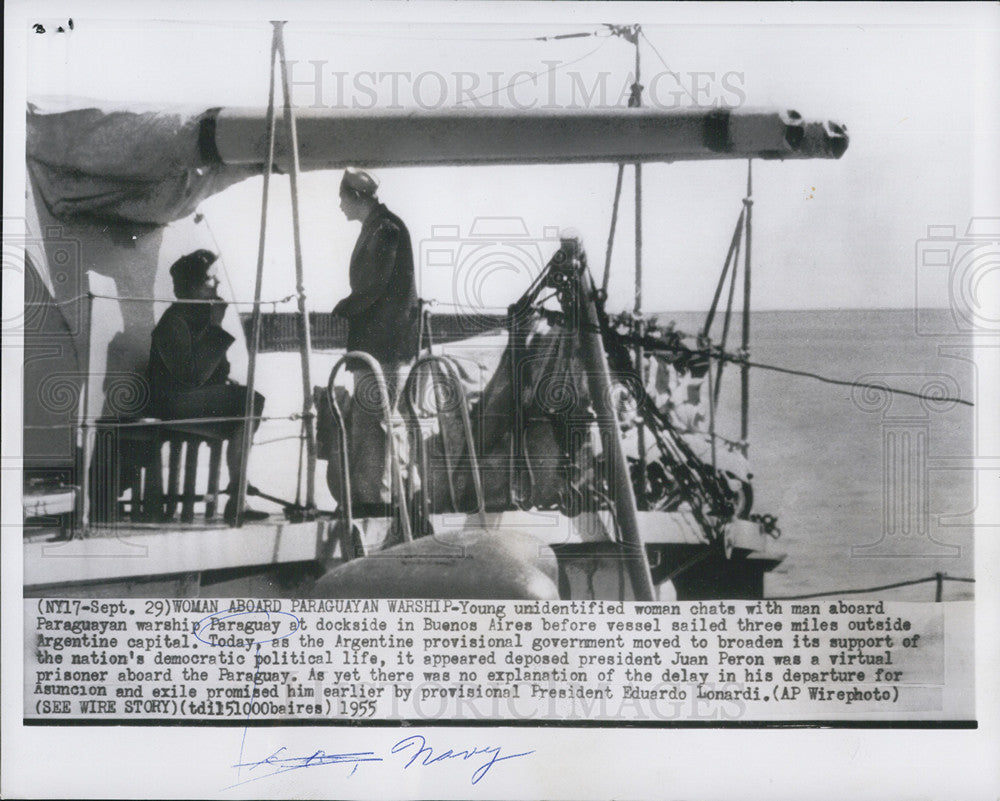 1955 Press Photo Woman Aboard Paraguyan Warship - Historic Images