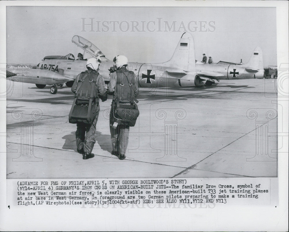 1957 Press Photo American-Built T33 Jet Training Planes With Iron Cross Symbol - Historic Images