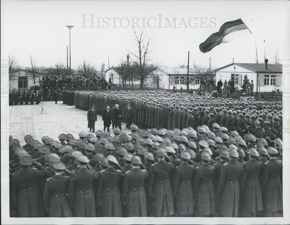 1956 Press Photo West German Chancellor Konrad Adenauer Inspecting Camp - Historic Images