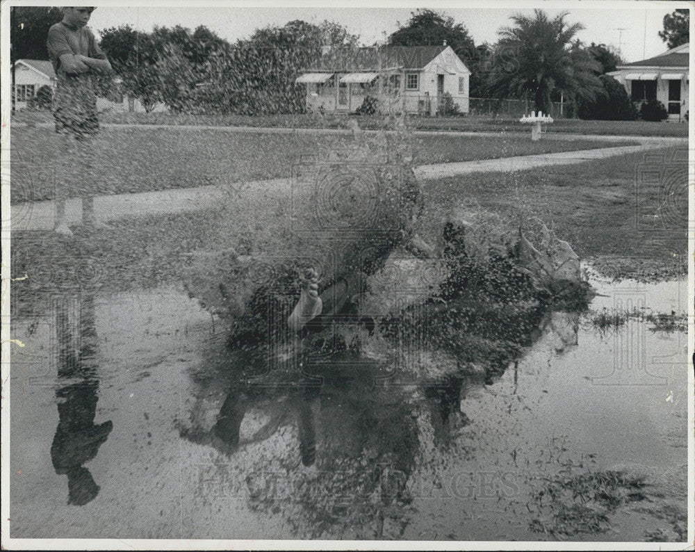 1971 Press Photo Jim Carr surfed the flooded streets into a bush - Historic Images