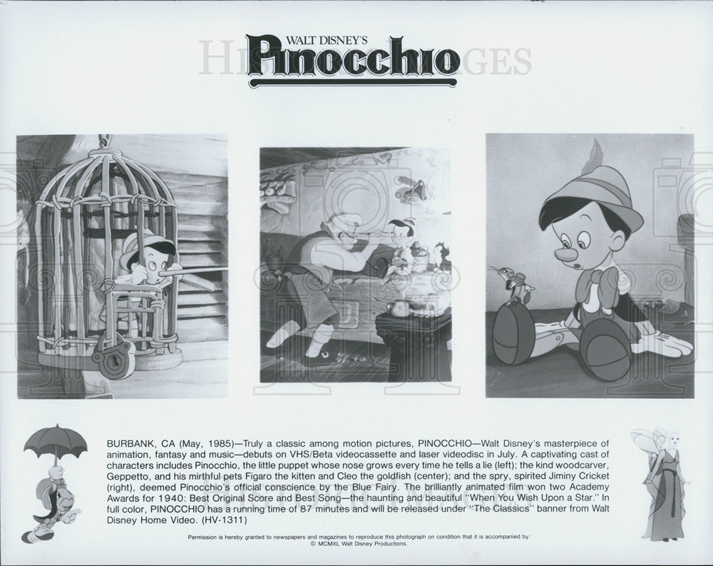 1985 Press Photo COPY Disney&#39;s Pinocchio Wins Best Original Score And Best Song - Historic Images