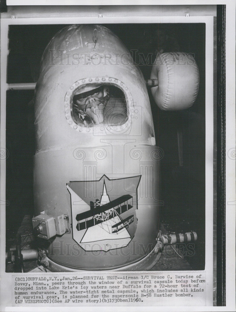 1960 Press Photo Airman Bruce Barwise in Survival Capsule - Historic Images