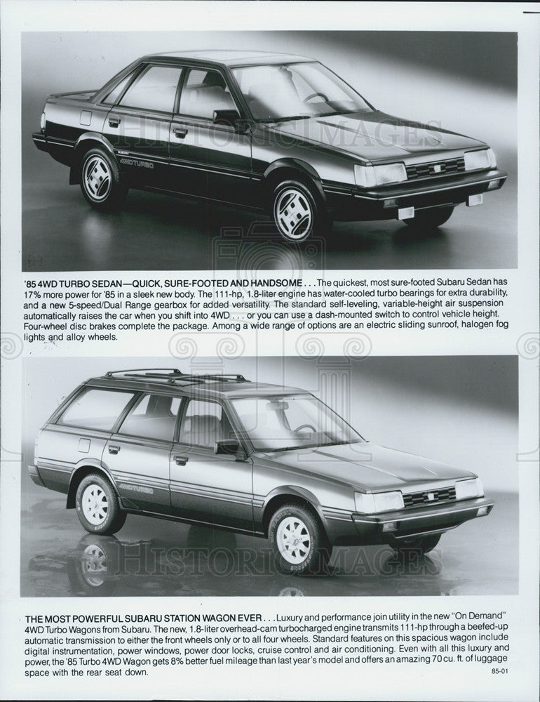 1984 Press Photo &#39;85 4WD Turbo Subaru Sedan (top) &amp; Stationwagon (bottom) - Historic Images