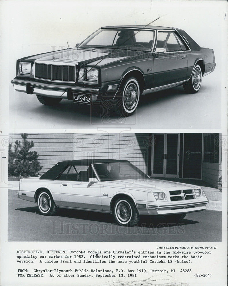 1981 Press Photo Chrysler Codoba 1982 - Historic Images