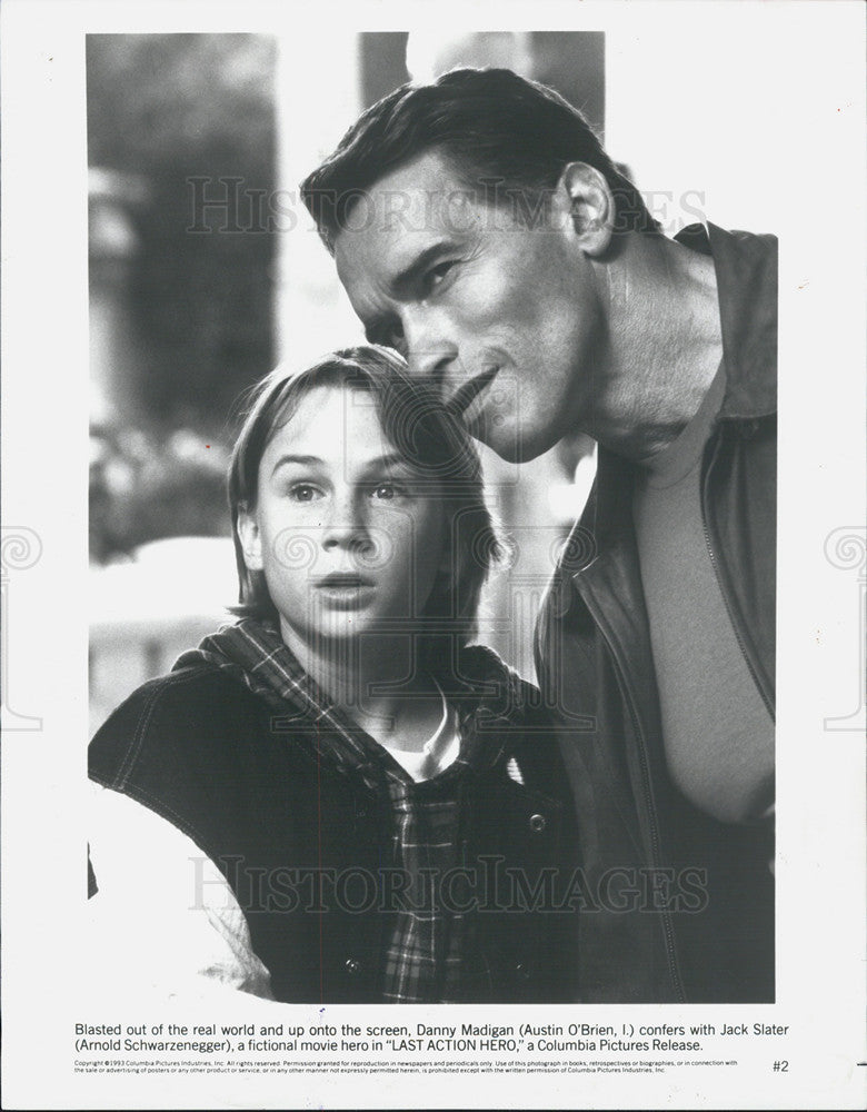 1988 Press Photo Austin OBrien, Arnold Schwarzenegger, Last Action Hero - Historic Images