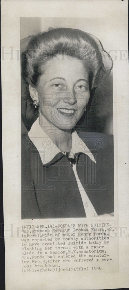 1950 Press Photo Mrs Frances Seymour Brokaw Fonda who attempted suicide - Historic Images