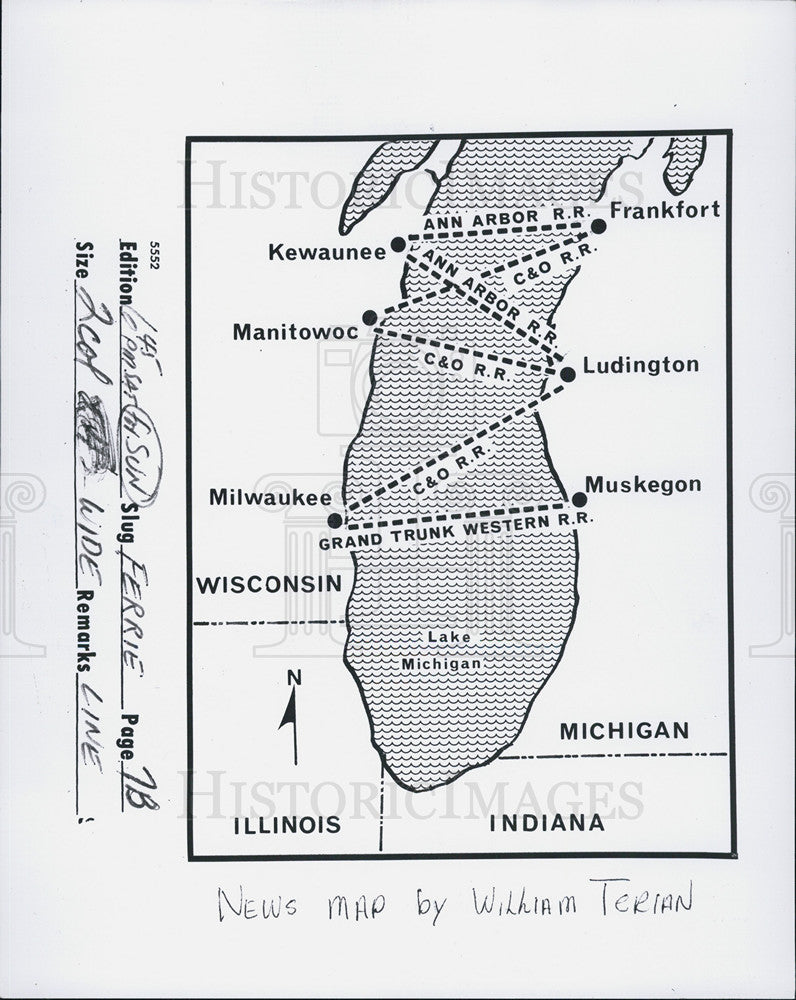 1974 Press Photo Map for car ferriers in Michigan. - Historic Images