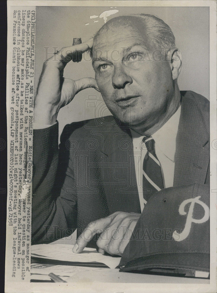 1958 Press Photo Eddie Sawyer manager of the Philadelphia Phillies - Historic Images