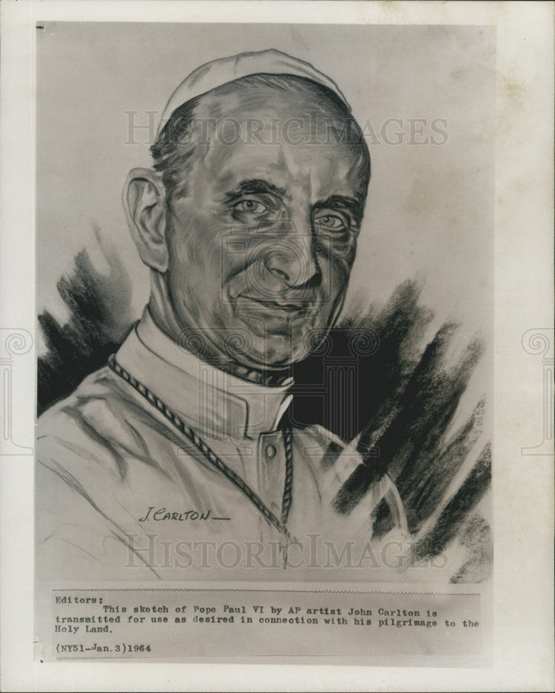 1964 Press Photo Sketch Of Pope Paul VI By Associated Press Artist John Carlton - Historic Images