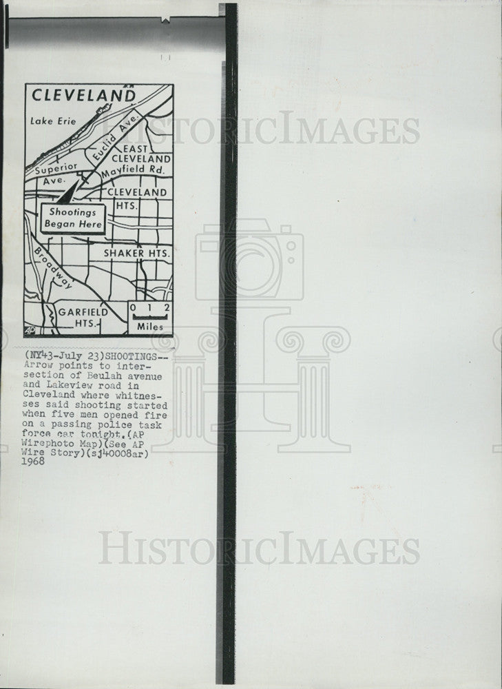 1968 Press Photo Arrow on map shows where shootings happened in Cleveland - Historic Images