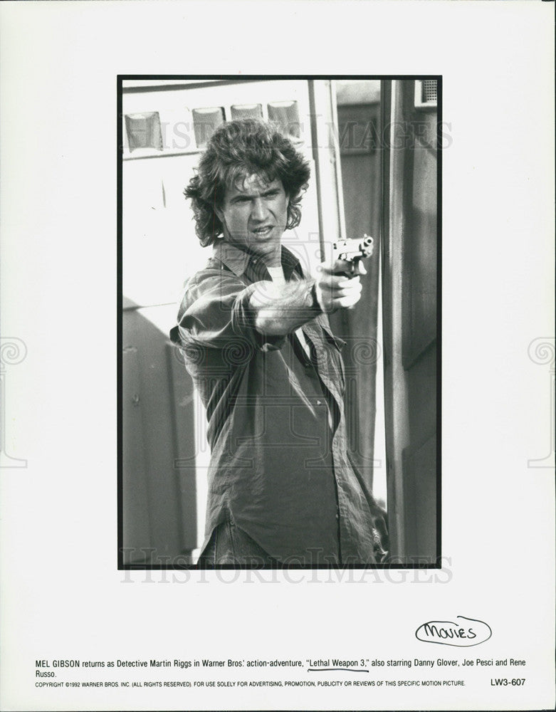 1992 Press Photo Mel Gibson as Detective Martin Riggs in Lethal Weapon3 - Historic Images