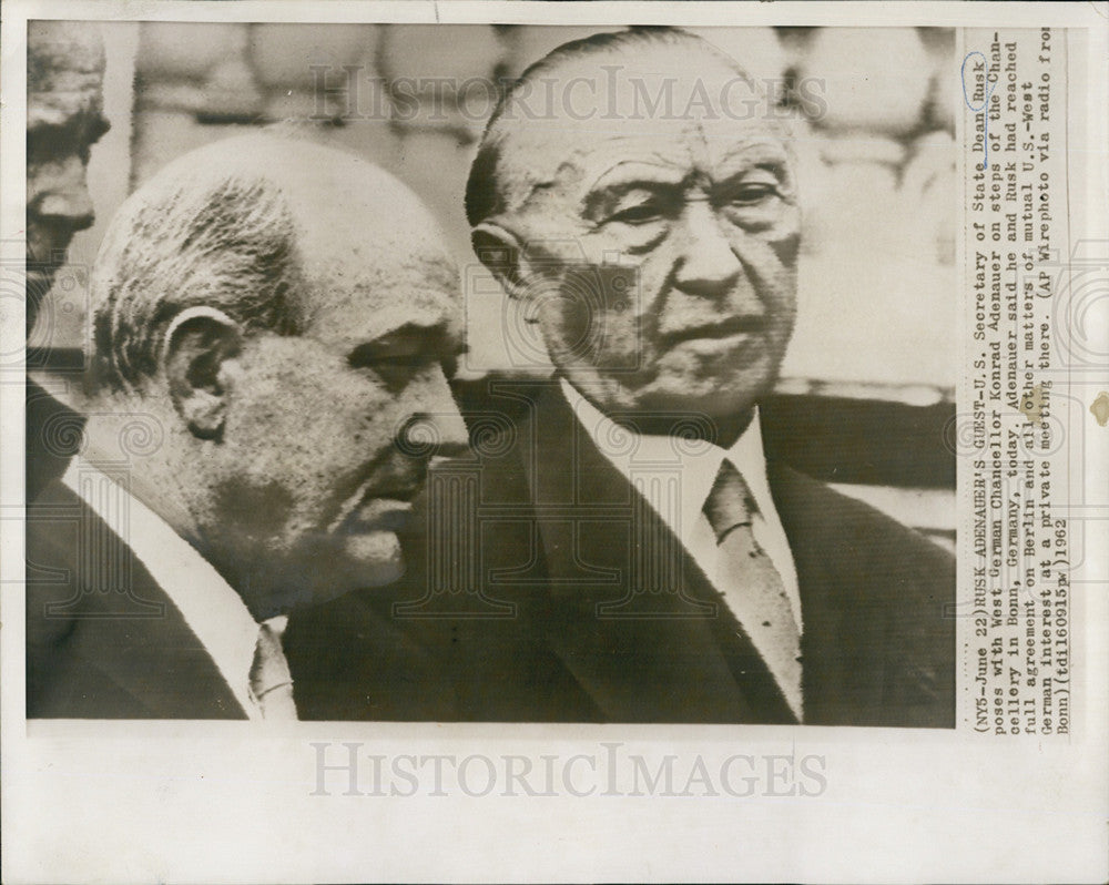 1962 Press Photo US Sec of State Dean Rusk &amp; West German Konrad Adenauer - Historic Images