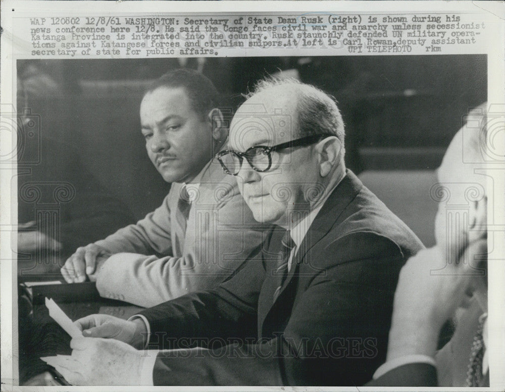 1961 Press Photo Secretary Of State Dean Rusk Carl Rewan Deputy Assistant - Historic Images