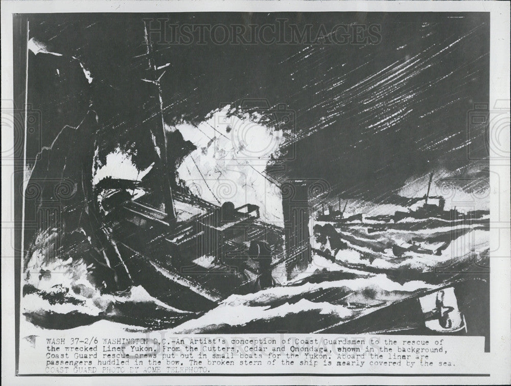 Press Photo An Artist&#39;s conception of Coast Guardsmen rescue of wrecked liner - Historic Images