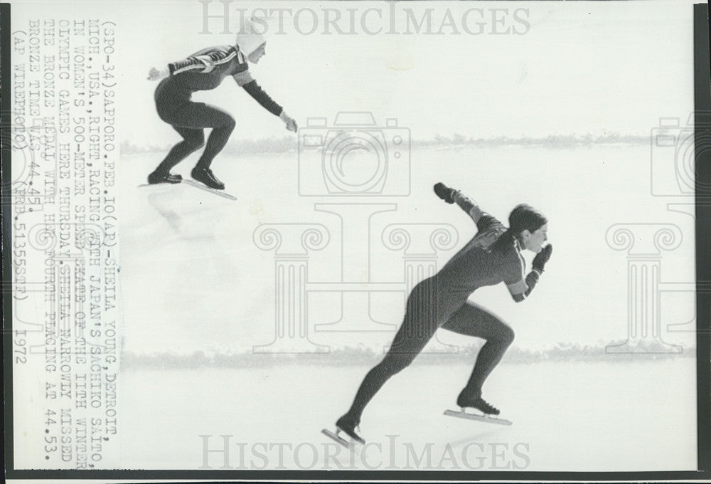 1972 Press Photo Sheila Young USA Sachiko Saito Japan 500 Meter Speed Skate - Historic Images