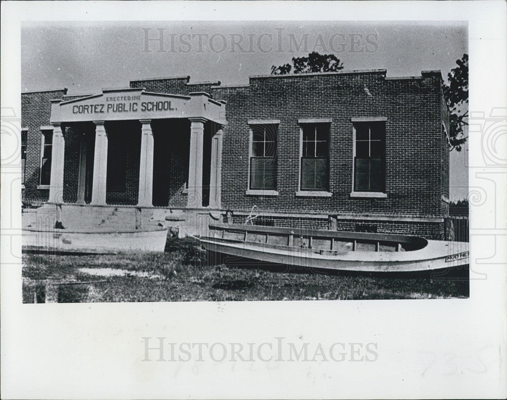 1977 Press Copy Photo Boat in front of Cortez School after 1921 hurricaine - Historic Images