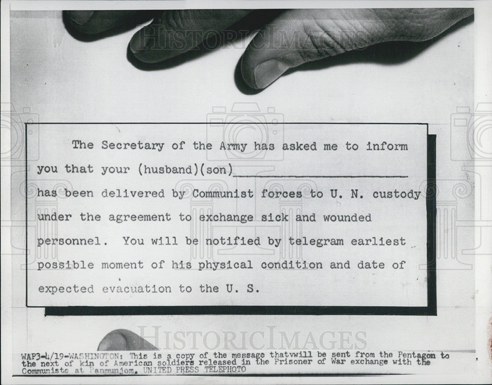 1953 Press Photo Copy Of Message Sent To Next Of Kin Of Released American POW&#39;s - Historic Images