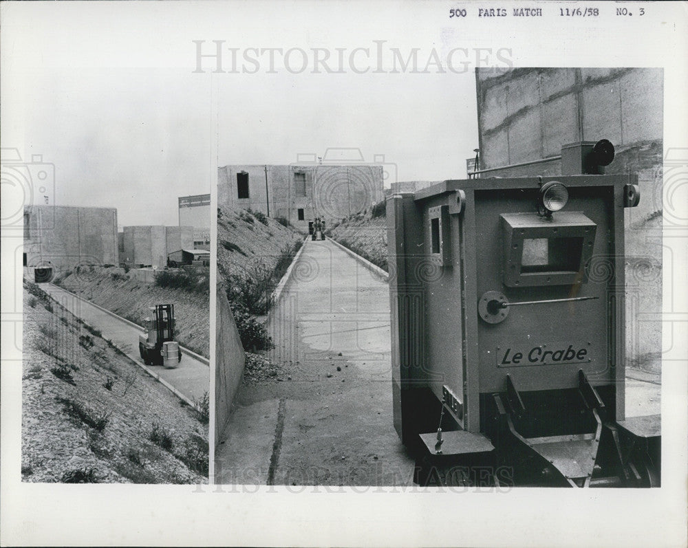 1958 Press Photo Disposing radioactive debris at the atomic plant in Marcoule, F - Historic Images