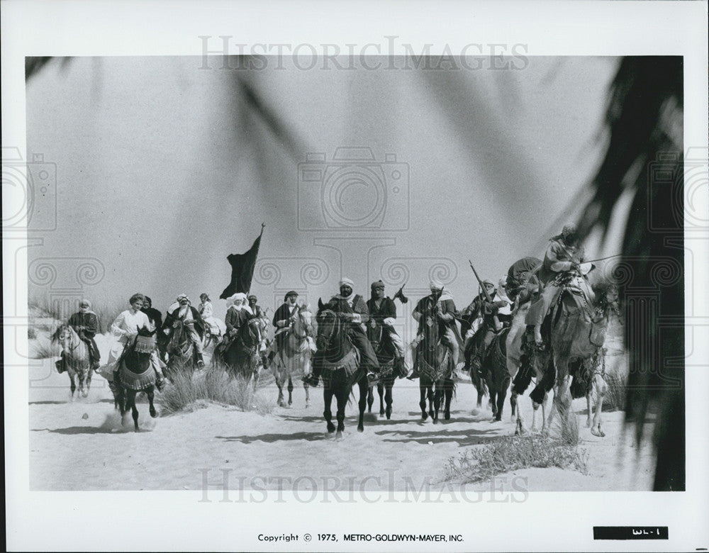 Press Photo MGM&#39;s The Wind and the Lion Cast On Horses Ride In Desert COPY - Historic Images