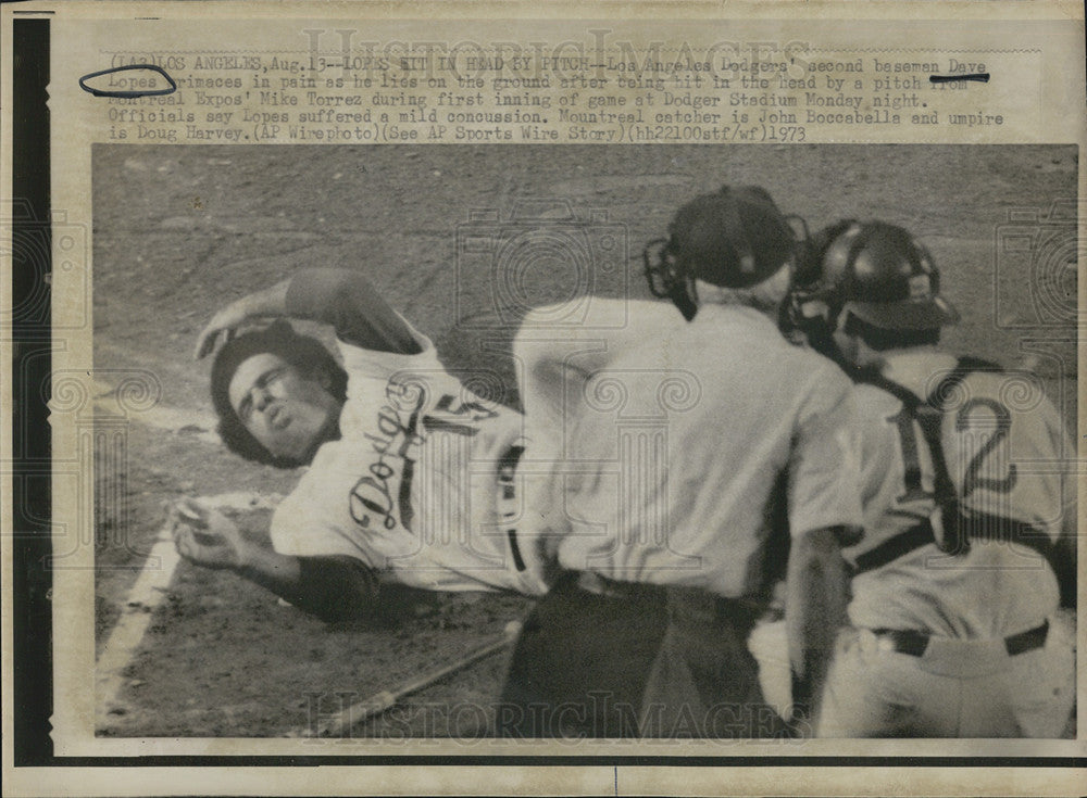 1973 Press Photo Dave Lopes grimaces in pain after being hit by a pitch. - Historic Images