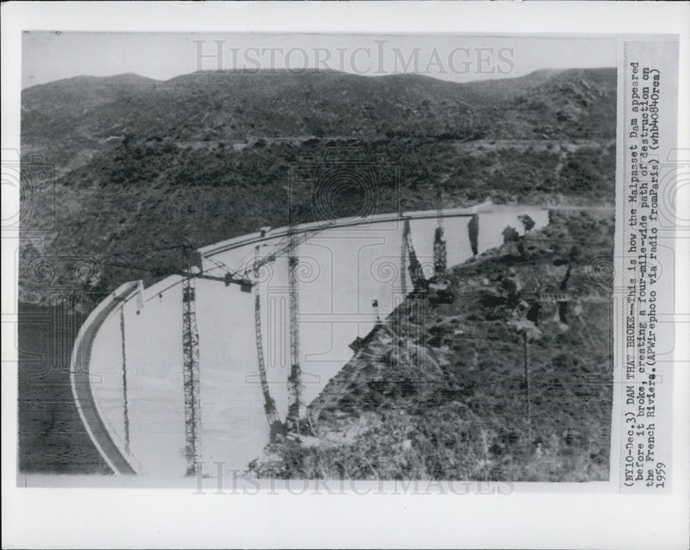 1959 Press Photo Malpasset Dam before it broke creating destruction in French - Historic Images