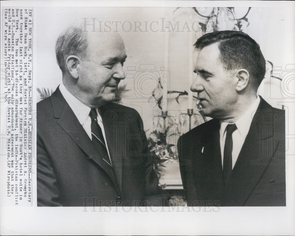 1965 Press Photo Secretary Of State Dean Rusk Soviet Foreign Minister Andrei A. - Historic Images