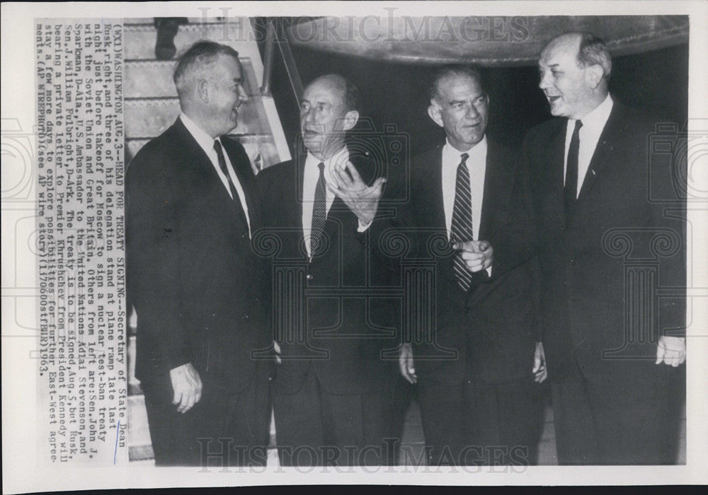 1963 Press Photo Sec of State Dean Rusk,Sen John J Sparkman,Adlai Stevenson, - Historic Images