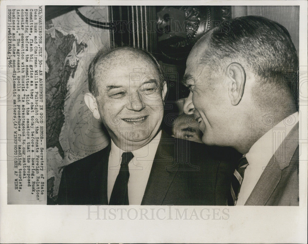 1965 Press Photo of Sec. Dean Rusk &amp; Sen. Fulbright discussing Russia - Historic Images