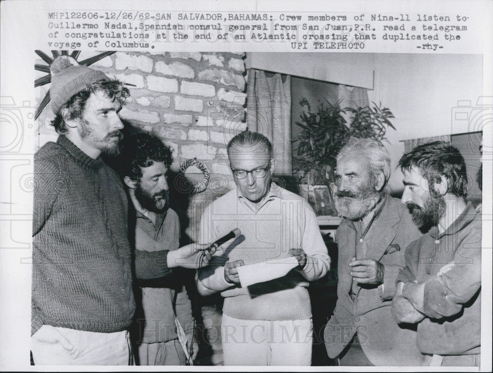 1962 Press Photo San Salvador Bahamas Ships Nina 11 Atlantic Crossing - Historic Images