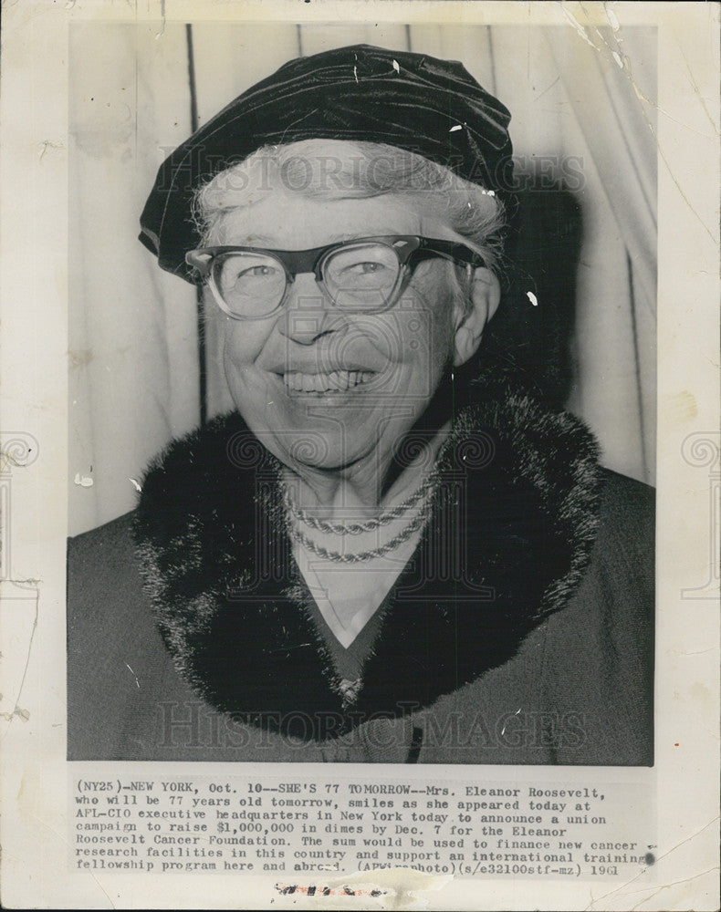 1961 Press Photo Mrs Eleanor Roosevelt who will be 77 - Historic Images