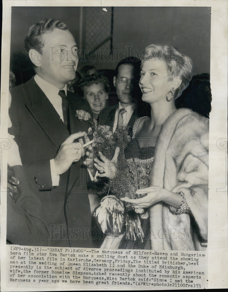 1953 Press Photo Marquess Milford Haven Eva Bartok - Historic Images