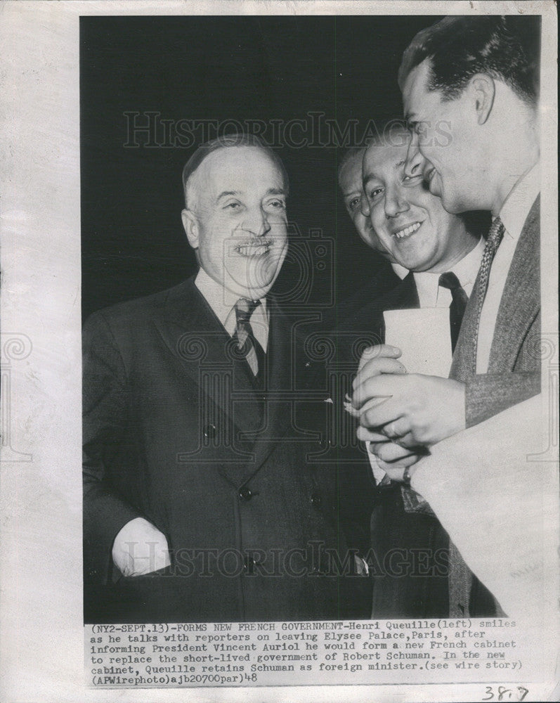 1948 Press Photo Henri Queuille leaving Elysee Palace, Paris - Historic Images