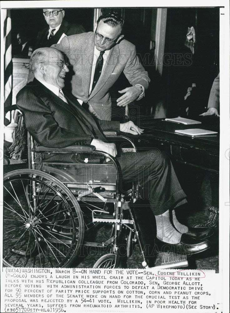 1956 Press Photo Sen. Eugene Millikin enjoys a laugh from his wheelchair at the - Historic Images