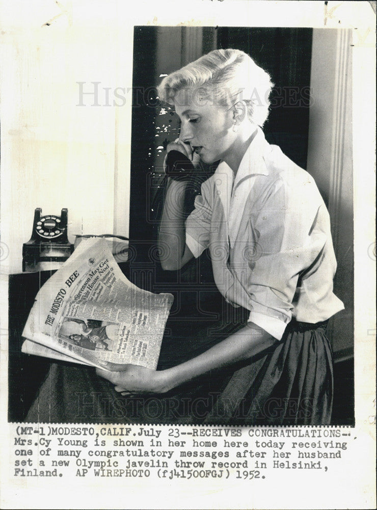 1952 Press Photo Wife of Olympic Athlete Cy Young Helsinki Javelin Throw Record - Historic Images