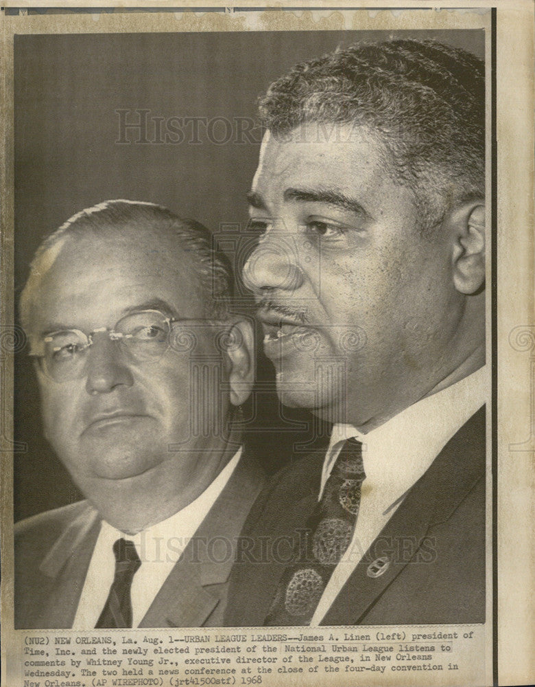 1968 Press Photo James A. Linen President of Time, Inc. and Whitney Young Jr. - Historic Images