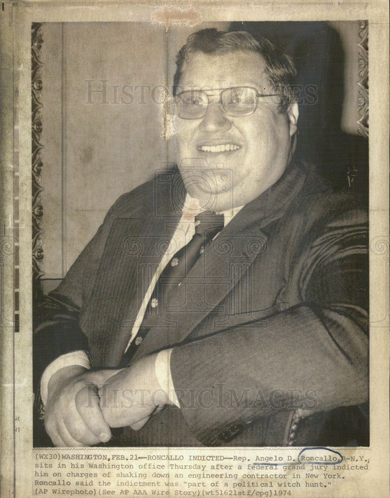 1974 Press Photo Rep. Angelo D. Roncallo Republican New York indicted charges - Historic Images