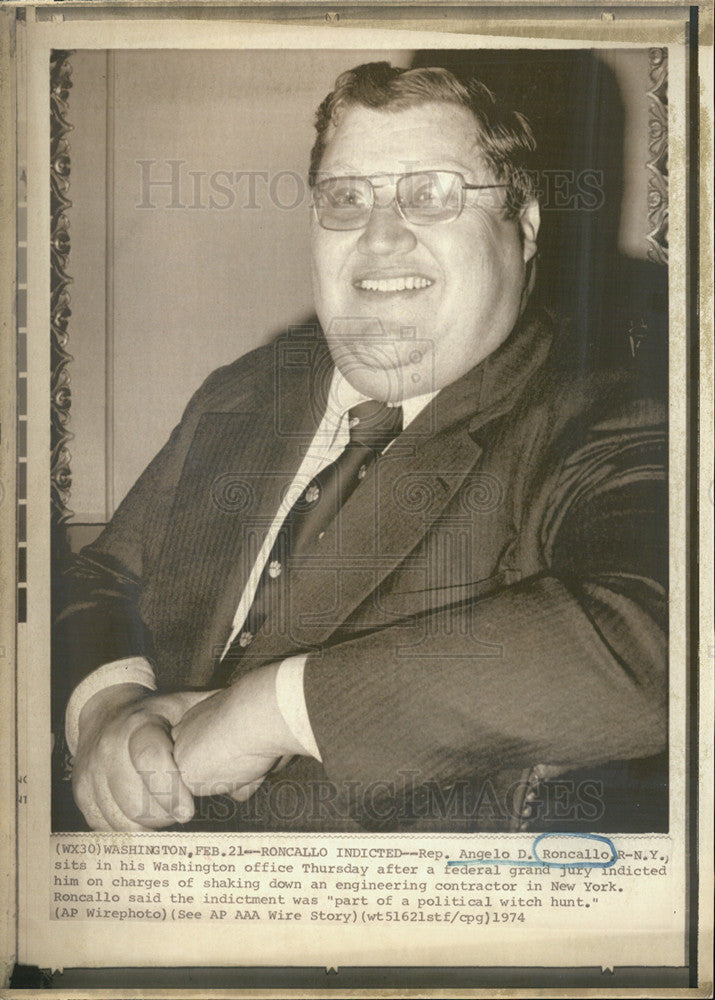 1974 Press Photo Rep. Angelo D. Roncallo Republican New York indicted charges - Historic Images