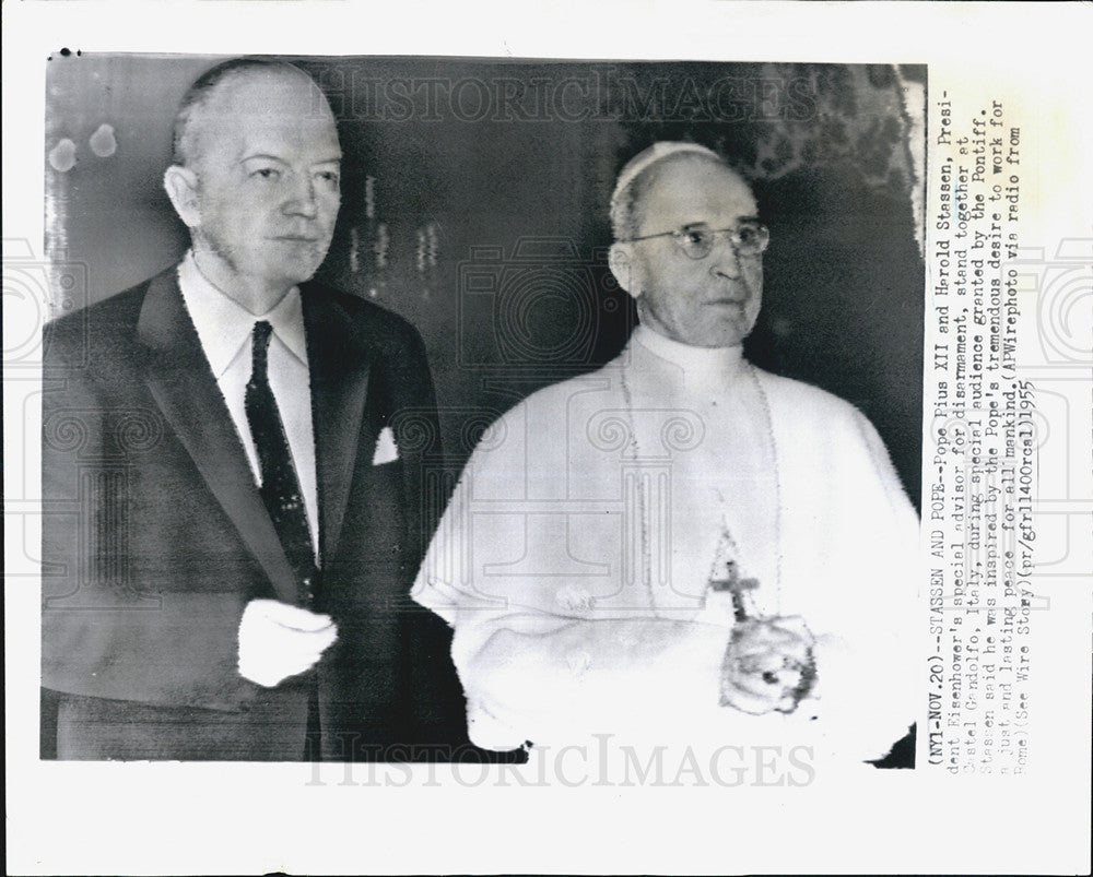 1955 Press Photo  Pope Pius XII &amp; Harold Stassen Pres Eisenhower&#39;s Special Advis - Historic Images